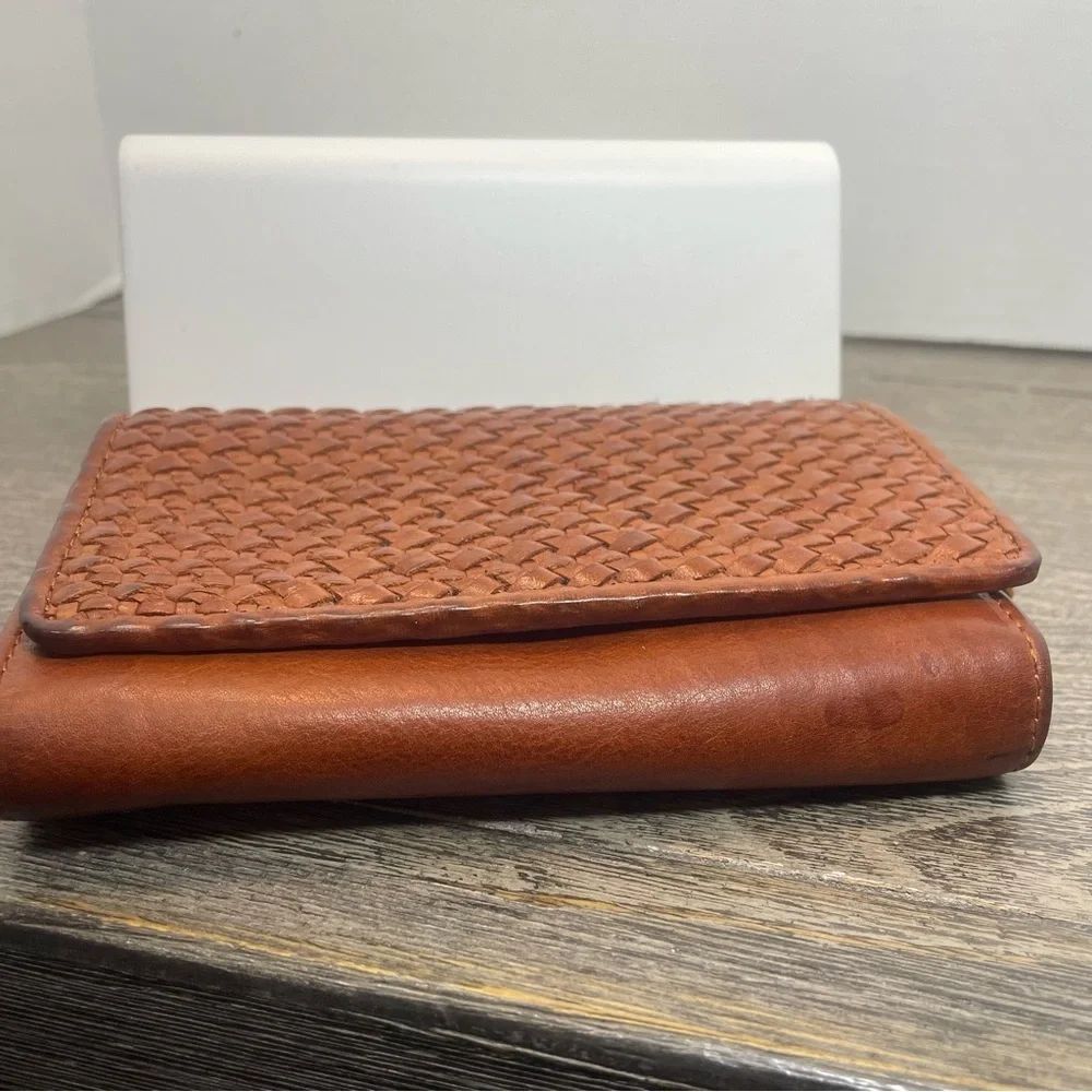 Tan Woven Leather Wallet with Artisanal Texture. Preowned. Spot on bottom.